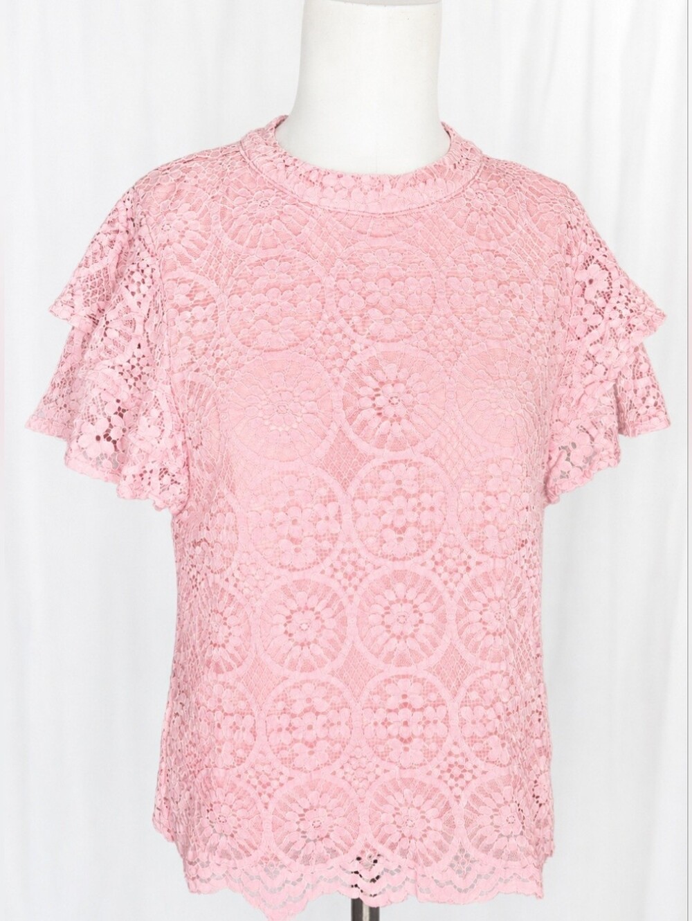 Hiso Dress Brand Pink‎ Geometric Floral Lace Flutter Sleeves Blouse Sm-Med NWOT
